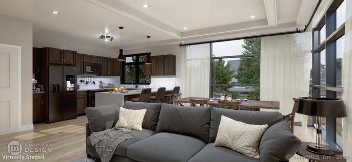 Dining room, Interior, Kitchen, Living room, Pendant Lights, Recessed Lighting, Stainless Steel Appliances, Wood Texture Flooring