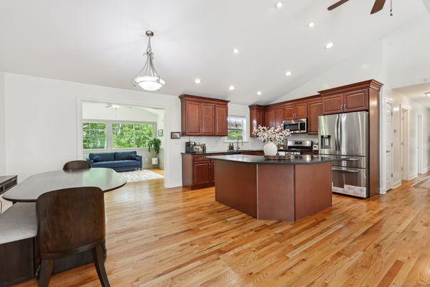 Interior, Kitchen, Pendant Lights, Recessed Lighting, Stainless Steel Appliances, Wood Texture Flooring