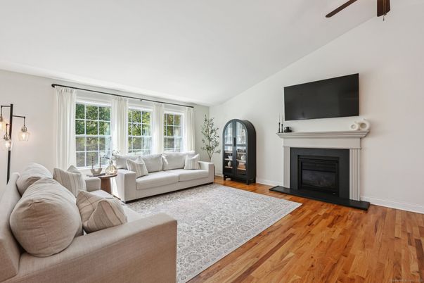 Fireplace, Interior, Living room, Pendant Lights, Wood Texture Flooring