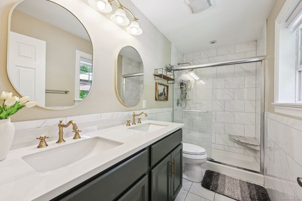 Bathroom, Dual Sink Vanities, Glass Shower, Interior, Marble Walls