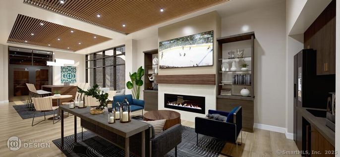 Dining room, Fireplace, Interior, Living room, Pendant Lights, Recessed Lighting, Wooden Ceilings, Wood Texture Flooring