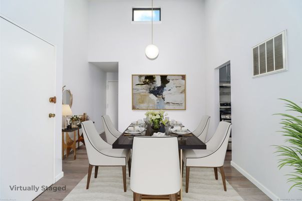 Dining room, Interior, Pendant Lights, Wood Texture Flooring