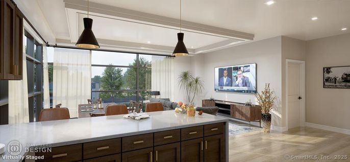 Dining room, Interior, Living room, Pendant Lights, Recessed Lighting, Wood Texture Flooring