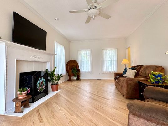 Fireplace, Interior, Living room, Recessed Lighting, Wood Texture Flooring