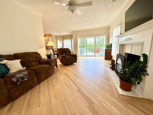 Fireplace, Interior, Living room, Pendant Lights, Wood Texture Flooring
