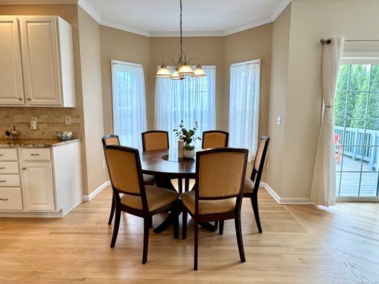 Dining room, Interior, Pendant Lights, Wood Texture Flooring