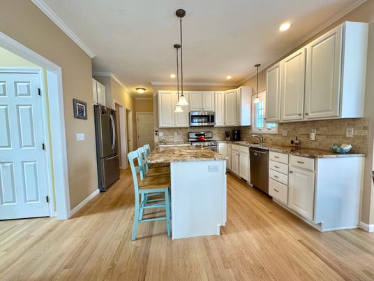 Interior, Kitchen, Pendant Lights, Recessed Lighting, Stainless Steel Appliances, Wood Texture Flooring