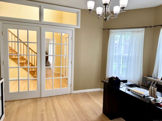 Chandelier, Home Office, Interior, Wood Texture Flooring