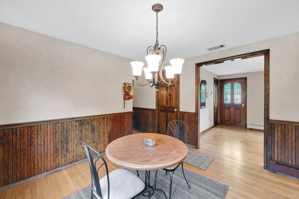 Chandelier, Dining room, Interior, Wood Texture Flooring
