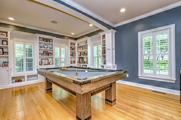 Billiard Table, Game Room, Interior, Recessed Lighting, Wood Texture Flooring