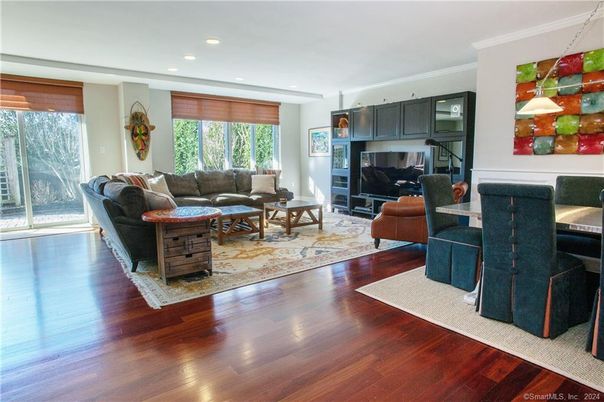 Dining room, Interior, Living room, Recessed Lighting, Wood Texture Flooring