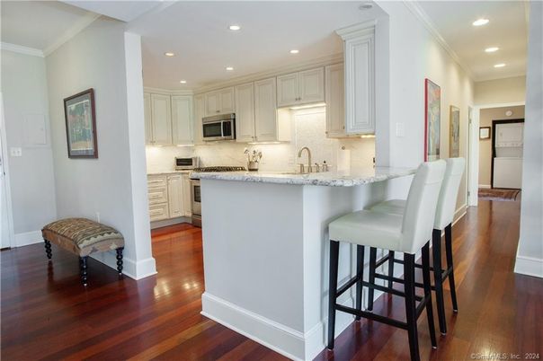 Interior, Kitchen, Recessed Lighting, Stainless Steel Appliances, Wood Texture Flooring