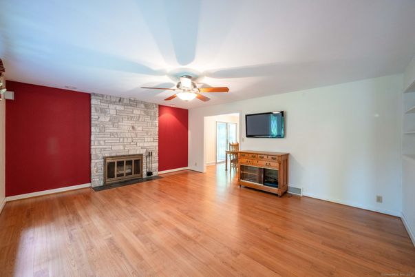 Empty room, Fireplace, Interior, Stone Walls, Wood Texture Flooring