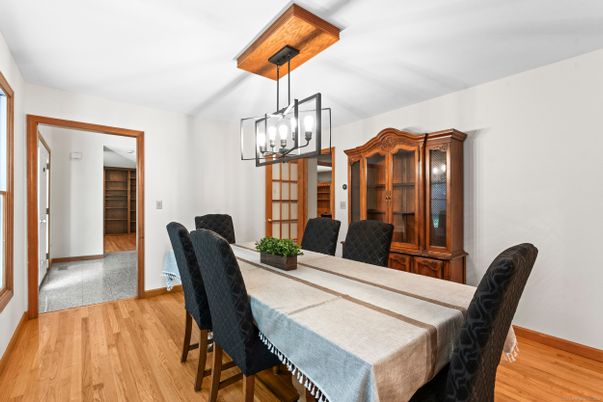 Dining room, Interior, Pendant Lights, Wood Texture Flooring