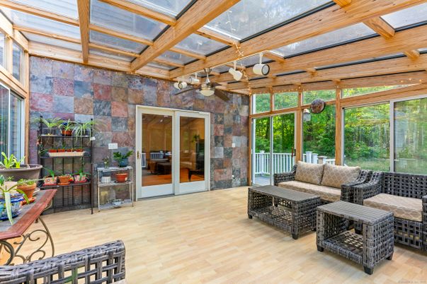 Glass Ceilings, Interior, Stone Walls, Sun Room, Wood Texture Flooring