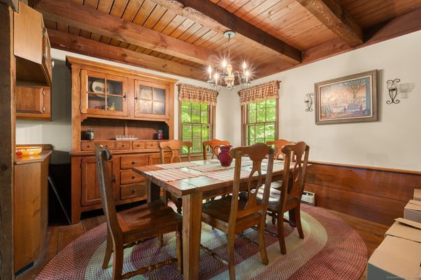 Chandelier, Dining room, Interior, Wooden Beams, Wooden Ceilings, Wood Texture Flooring