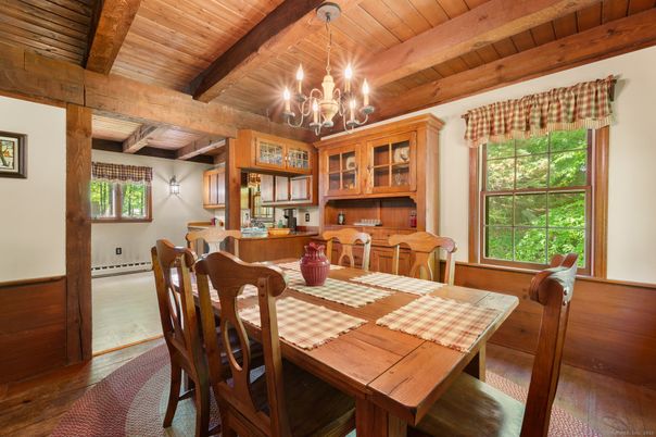 Chandelier, Dining room, Interior, Wooden Beams, Wooden Ceilings, Wood Texture Flooring