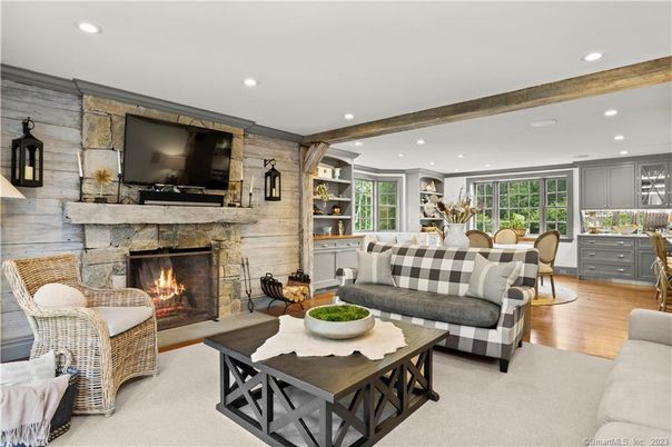 Dining room, Fireplace, Interior, Living room, Recessed Lighting, Stone Walls, Wooden Beams, Wood Texture Flooring, Wooden Walls