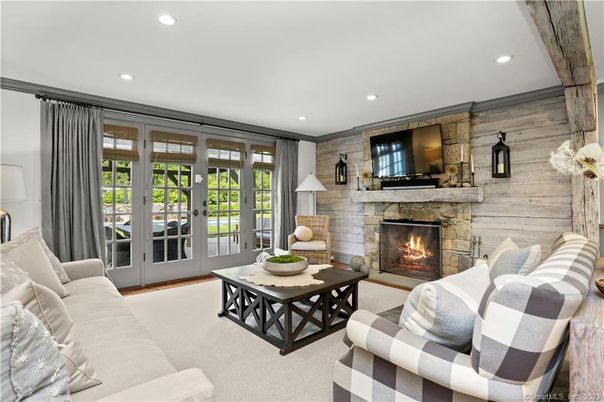 Fireplace, Interior, Living room, Recessed Lighting, Stone Walls, Wooden Beams, Wooden Walls