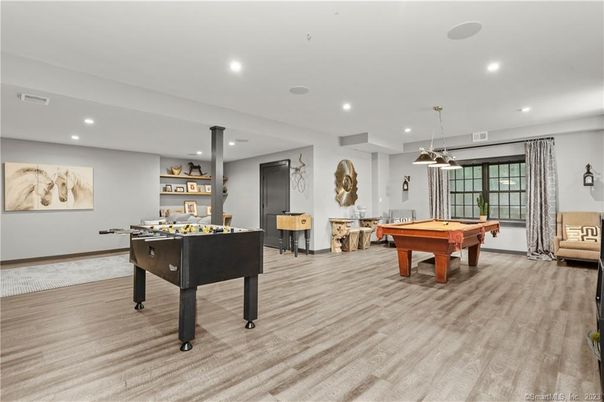 Billiard Table, Game Room, Interior, Pendant Lights, Recessed Lighting, Wood Texture Flooring