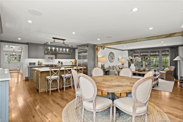 Dining room, Interior, Kitchen, Living room, Pendant Lights, Recessed Lighting, Stainless Steel Appliances, Wood Texture Flooring