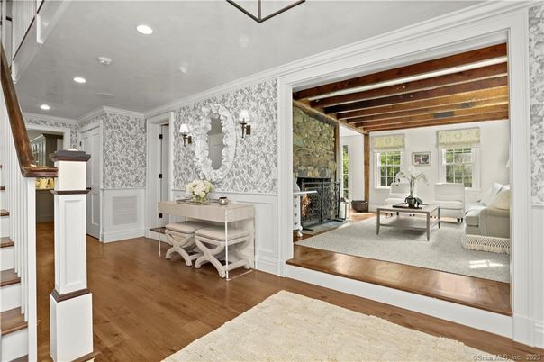 Fireplace, Interior, Living room, Recessed Lighting, Wooden Beams, Wood Texture Flooring