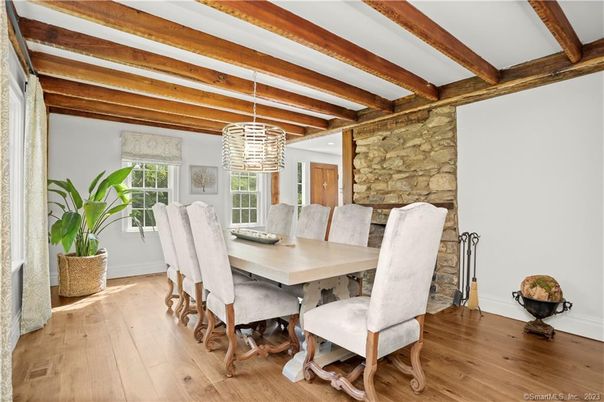 Dining room, Interior, Pendant Lights, Stone Walls, Wooden Beams, Wood Texture Flooring