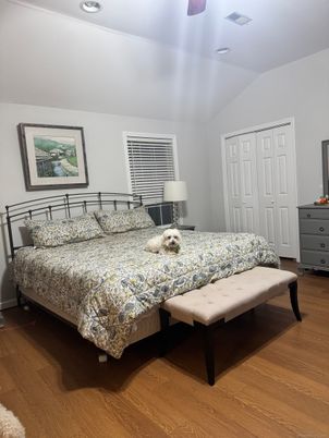 Bedroom, Interior, Recessed Lighting, Wood Texture Flooring