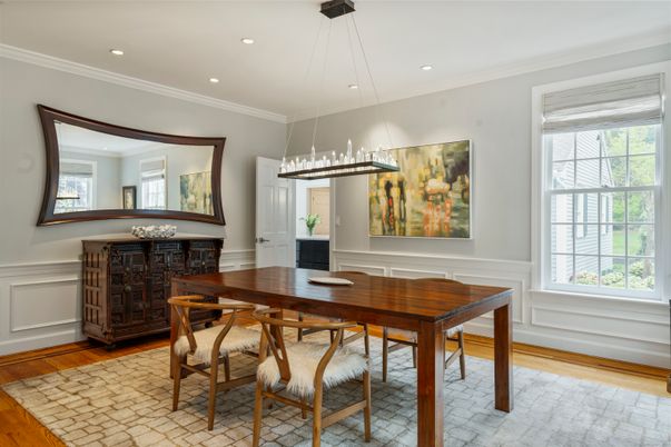 Dining room, Interior, Pendant Lights, Recessed Lighting, Wood Texture Flooring
