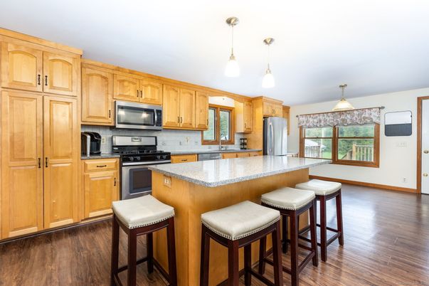 Interior, Kitchen, Pendant Lights, Stainless Steel Appliances, Wood Texture Flooring