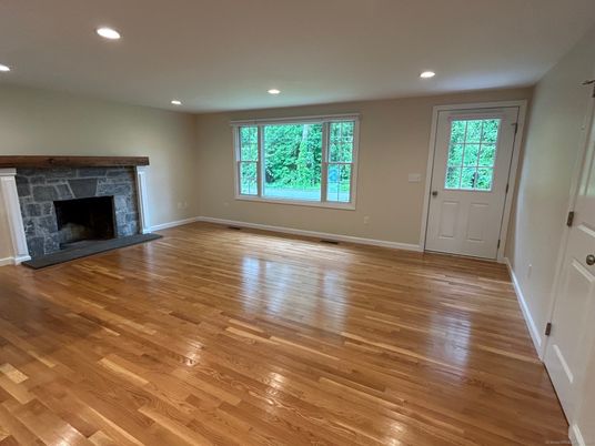 Empty room, Fireplace, Interior, Recessed Lighting, Wood Texture Flooring