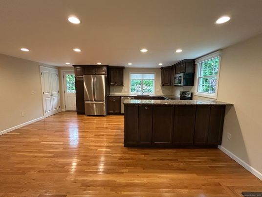 Interior, Kitchen, Recessed Lighting, Stainless Steel Appliances, Wood Texture Flooring