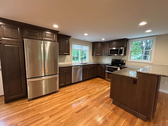 Interior, Kitchen, Recessed Lighting, Stainless Steel Appliances, Wood Texture Flooring