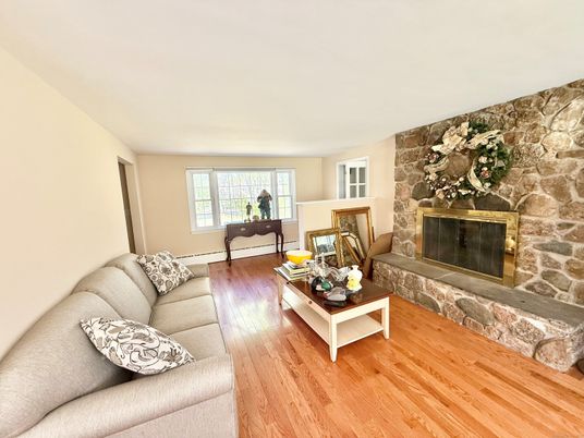 Fireplace, Interior, Living room, Stone Walls, Wood Texture Flooring