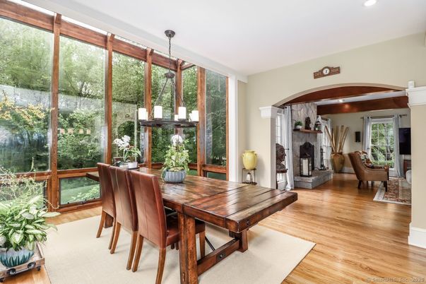 Dining room, Fireplace, Interior, Pendant Lights, Recessed Lighting, Wood Texture Flooring