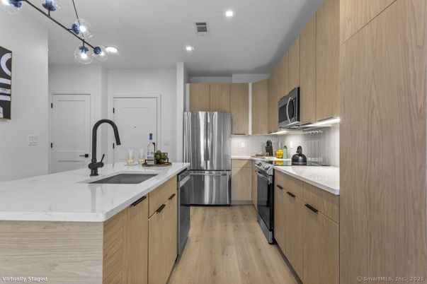 Interior, Kitchen, Recessed Lighting, Stainless Steel Appliances, Wood Texture Flooring