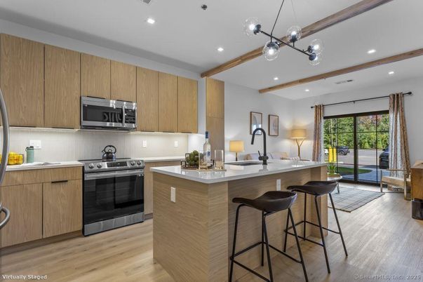 Interior, Kitchen, Pendant Lights, Recessed Lighting, Stainless Steel Appliances, Wooden Beams, Wood Texture Flooring