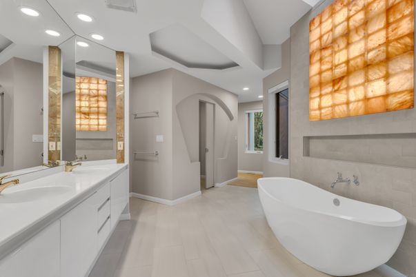 Bathroom, Dual Sink Vanities, Free Standing Baths, Interior, Recessed Lighting, Wood Texture Flooring