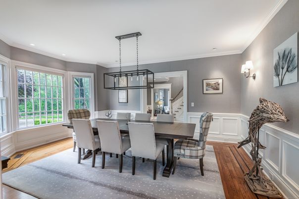 Dining room, Interior, Pendant Lights, Recessed Lighting, Wood Texture Flooring
