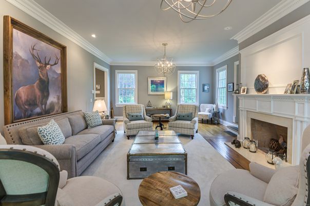 Chandelier, Fireplace, Interior, Living room, Recessed Lighting, Wood Texture Flooring