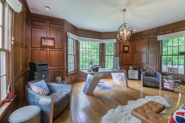 Chandelier, Home Office, Interior, Recessed Lighting, Wood Texture Flooring, Wooden Walls