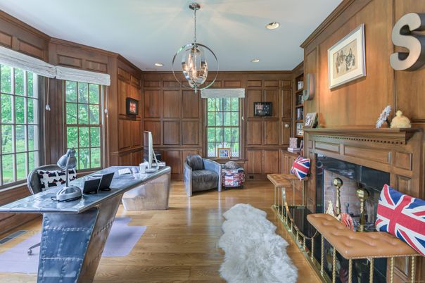Home Office, Interior, Pendant Lights, Recessed Lighting, Wood Texture Flooring, Wooden Walls