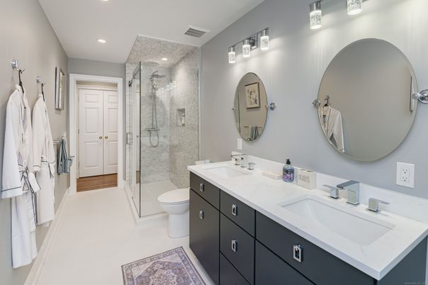 Bathroom, Dual Sink Vanities, Glass Shower, Interior, Recessed Lighting