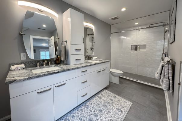 Bathroom, Dual Sink Vanities, Glass Shower, Interior, Recessed Lighting