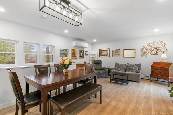 Dining room, Interior, Living room, Recessed Lighting, Wood Texture Flooring