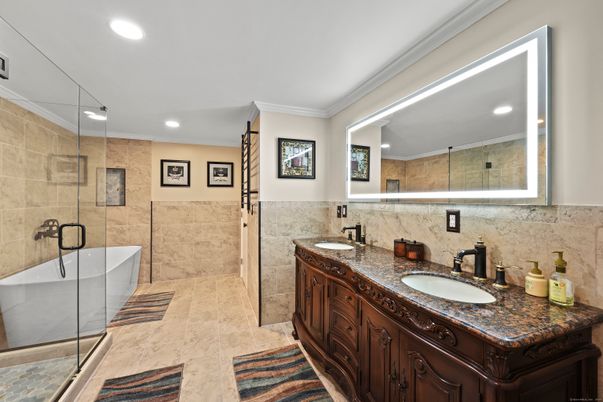 Bathroom, Dual Sink Vanities, Free Standing Baths, Glass Shower, Interior, Recessed Lighting