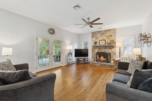 Fireplace, Interior, Living room, Stone Walls, Wood Texture Flooring