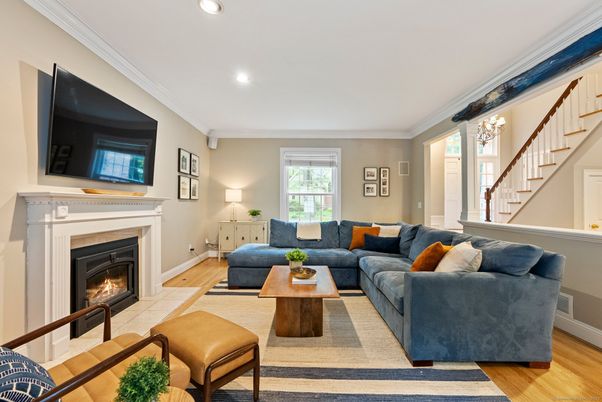 Fireplace, Interior, Living room, Recessed Lighting, Wood Texture Flooring