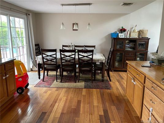 Dining room, Interior, Pendant Lights, Wood Texture Flooring