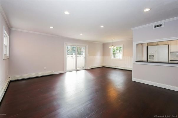 Chandelier, Empty room, Interior, Kitchen, Recessed Lighting, Wood Texture Flooring